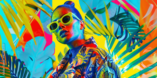 Vibrant Fashion Portrait with Neon Colors and Tropical Leaves Background