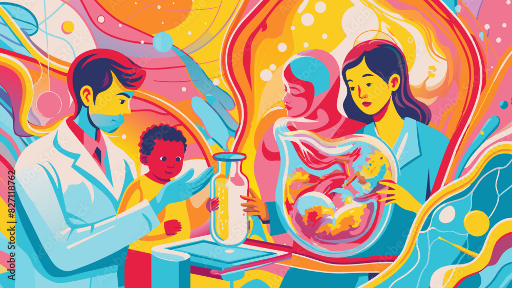 Colorful Illustration of Medical Professional and Family with Healthcare and Science Elements. Test tube babies reproduction