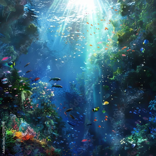 Illustration with the underwater world. Fish and corals. Sun rays through the water