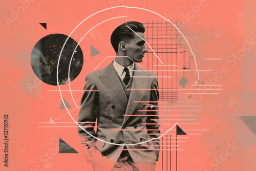 Retro Style Young Man in Geometric Abstract Art with Coral Tones
