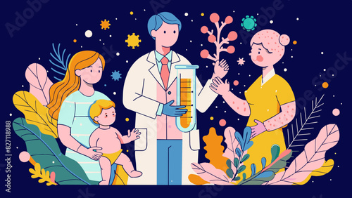 Pediatrician with Young Patients in Colorful, Illustrated Doctor's Office. Test tube babies reproduction