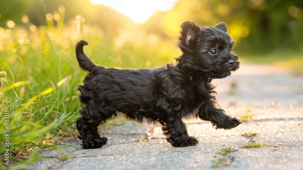 A small black dog stands atop a road, gazing out at a lush, green grass-covered field Sunlight shines down, illuminating its head and brightening its A small black dog stands atop a road, gazing out at a lush, green grass-covered field Sunlight shines down, illuminating its head and brightening its