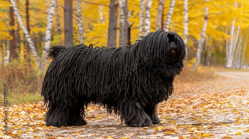  A shaggy black dog stands on a leaf-covered road, surrounded by trees Yellow leaves blanket the ground beneath trees with a mix of yellow and green foliage