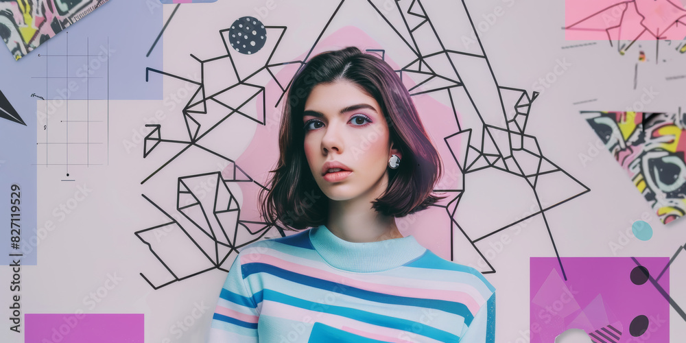 Stylish Young Woman Posing Against Geometric Art Background in Colorful Contemporary Fashion
