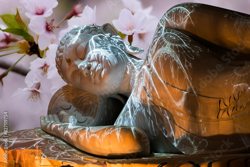 Nirvana white marble reclining Buddha, beautiful flower background.