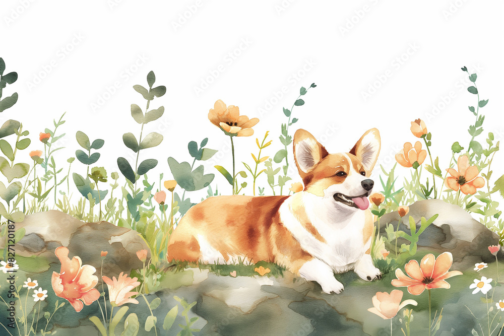 Pembroke Welsh Corgi Relaxing in Peaceful Floral Garden Pembroke Welsh Corgi Relaxing in Peaceful Floral Garden