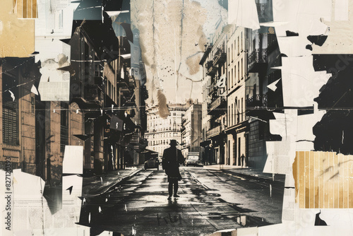 Urban Decay Abstract Art Solitary Figure in Vintage Collage Street Scene