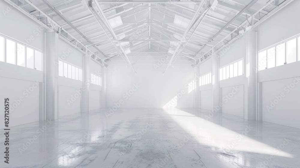 Fototapeta premium Minimalist white warehouse interior with an expansive, empty space and a pure white background, ideal for various setups