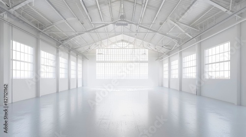 Pristine white warehouse with an open, empty interior and a clean white background, suitable for industrial applications