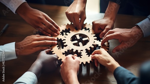 Hands close-up of group multiethnic business people connect wooden gears in the center. Arial view. Success cooperation teamwork concept, connection technology concept
