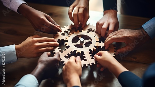 Hands close-up of group multiethnic business people connect wooden gears in the center. Arial view. Success cooperation teamwork concept, connection technology concept