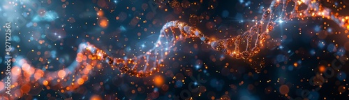 3D rendering of a DNA double helix on a dark background with glowing stars The hyper realistic photography was achieved in the style of Nikon through the grace of technology