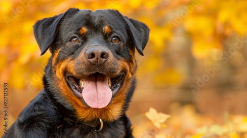  A tight shot of a black-brown dog with its tongue out, positioned against a yellow tree backdrop The tree boasts vibrant yellow leaves in the foreground