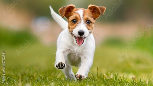  A small brown and white dog runs through a field, mouth agape, paw lifted photo