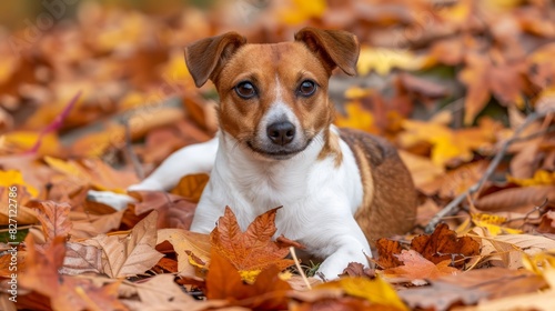  A small brown-and-white dog lies on a mound of brown and yellow leaves in a field One eye is closed, while the other gazes at the camera