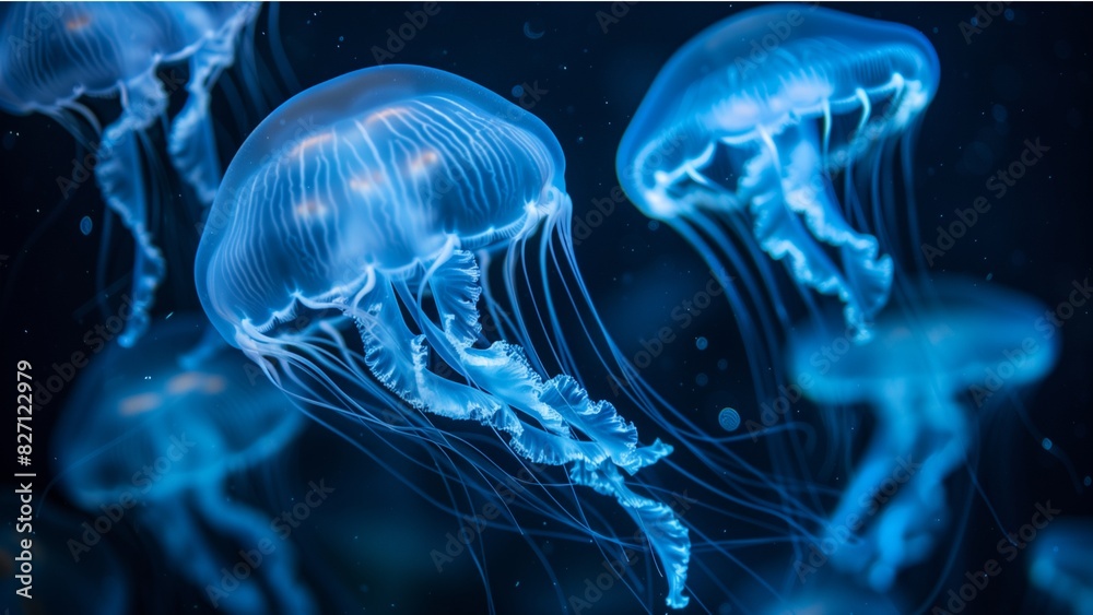 a group of ethereal jellyfish, their translucent bodies and trailing tentacles illuminated in a vibrant blue against a dark aquatic backdrop a group of ethereal jellyfish, their translucent bodies and trailing tentacles illuminated in a vibrant blue against a dark aquatic backdrop