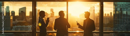 A silhouette of three business people talking in an office with a cityscape view in golden hour light. The scene is captured from behind the window of their spacious and modern office space