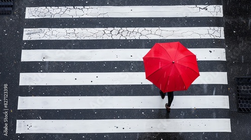 A red umbrella on the black and white striped crosswalk. A woman walking in the rain in the style of flat lay background.