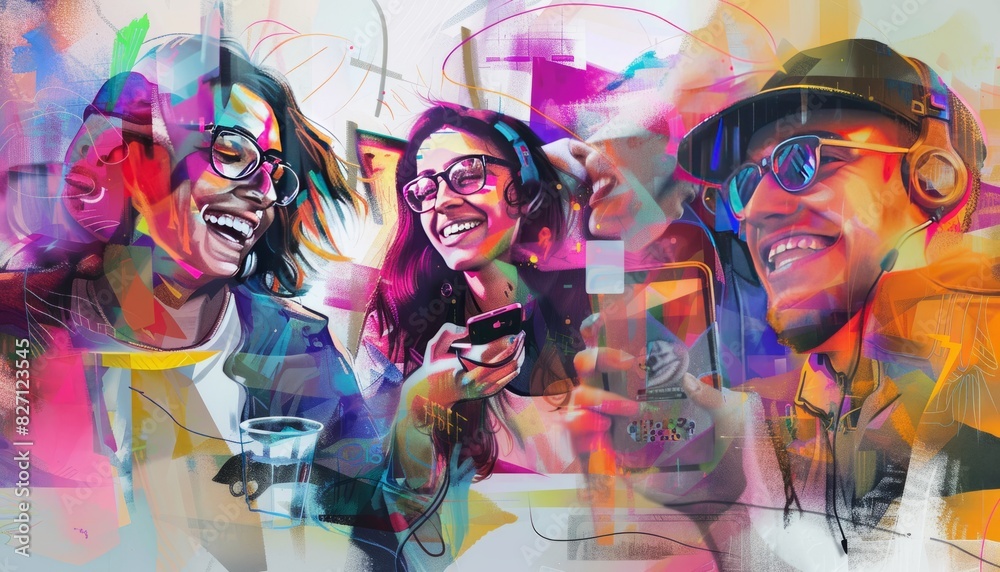 Fototapeta premium Digital Collage: Smiling People Chatting on iPhones and Samsung Gadgets