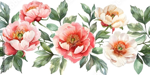 Wallpaper Mural Watercolor Peonies and Green Leaves Pattern for Boho Vintage Decor Textiles. Concept Boho Decor, Watercolor Pattern, Peonies, Green Leaves, Vintage Textiles Torontodigital.ca