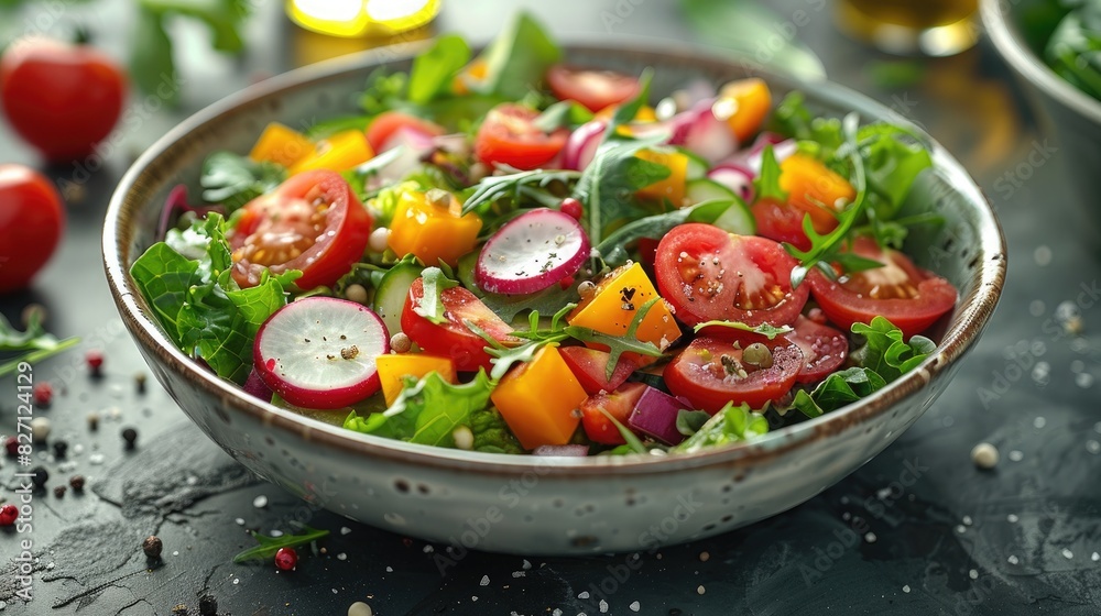  fresh vegetables bowl of colorful salad with on a bright and airy kitchen background