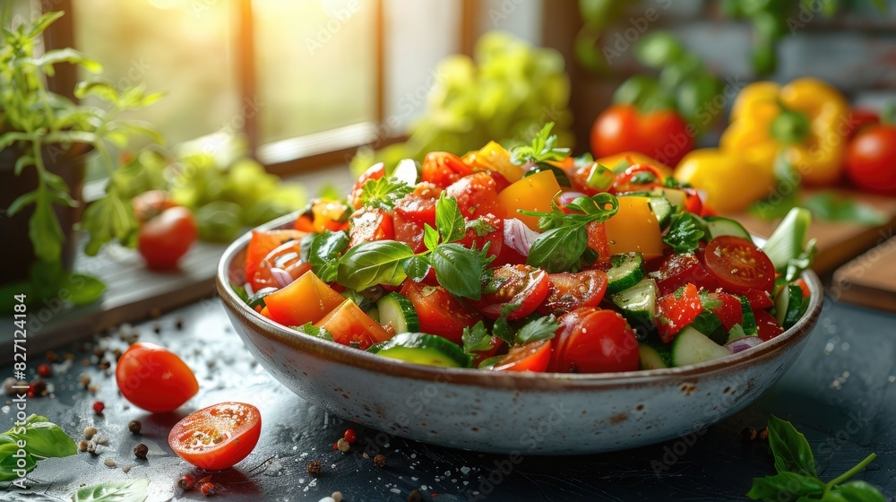 A bowl of colorful salad with fresh vegetables on a bright and airy kitchen background A bowl of colorful salad with fresh vegetables on a bright and airy kitchen background