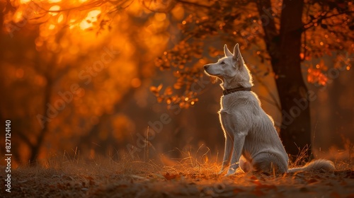  A white dog sits in the grass  gazing to the side  before a solitary tree Sunlight filters through distant trees  illuminating the scene