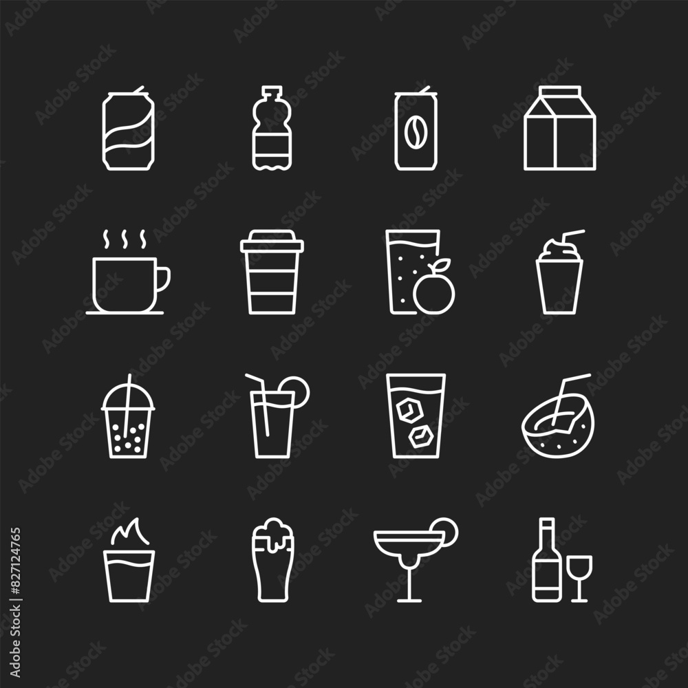 Drinks icon set, white on black background. Liquids, health drinks, juice, soda, cocktails, alcohol, smoothies. Customizable line weight. Drinks icon set, white on black background. Liquids, health drinks, juice, soda, cocktails, alcohol, smoothies. Customizable line weight.