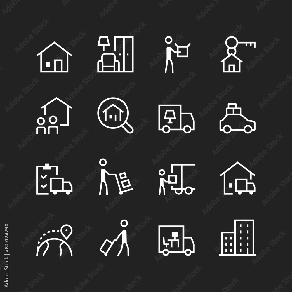 Moving icon set, white lines on black background. Household and office relocation with transportation services. Moving to another country. Customizable line thickness Moving icon set, white lines on black background. Household and office relocation with transportation services. Moving to another country. Customizable line thickness