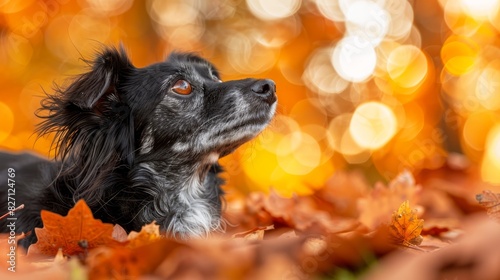 Wallpaper Mural  A black-and-white dog lies atop a mound of orange and yellow leaves in a sunlit forest, surrounded by an out-of-focus backdrop Torontodigital.ca
