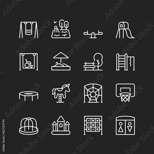 Playground icon set, white on black background. Children's play areas with rides, equipment, activities. Swings, slides, sandboxes, disabled access, etc. Customizable line thickness
