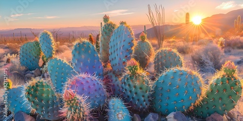 Vibrant cacti illuminated by the setting sun in a serene desert landscape AI. Concept Desert Oasis, Cactus Garden, Sunset Glow, Nature Photography, Outdoor Adventure