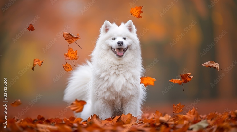 A white dog atop a leaf pile in a forest, surrounded by orange and red falling leaves