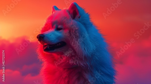  A tight shot of a dog's head against a backdrop of a red and blue distant sky, overlapped by a nearer pink and blue sky dotted with clouds photo
