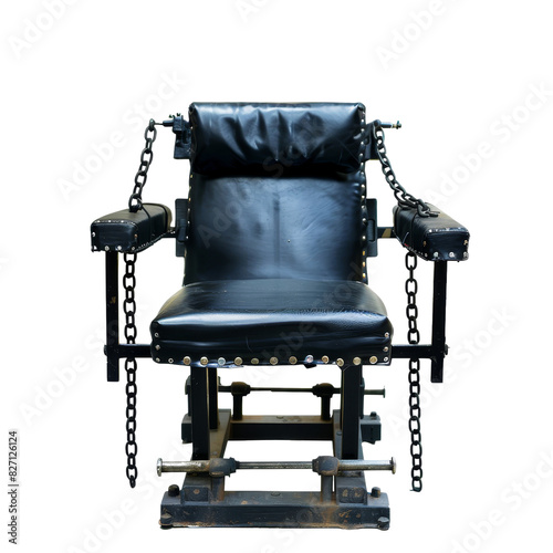 Black leather restraint chair with metal chains and padding