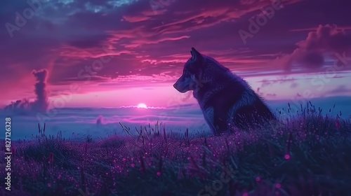  A black-and-white dog sits atop a lush  green field beneath a purple and pink sky Scattered clouds dot the expanse  and the sun sets in the distance