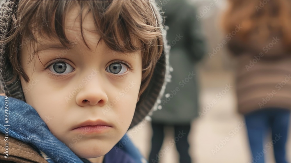 a close-up of a worried child's face with a blurred arguing couple in the background a close-up of a worried child's face with a blurred arguing couple in the background