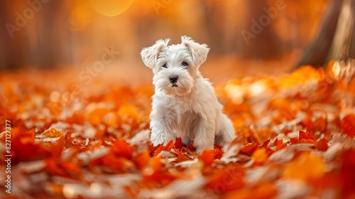  A small white dog sits atop a mound of orange and yellow leaves in a forest Autumn foliage falls gently from surrounding trees, cascading around the dog
