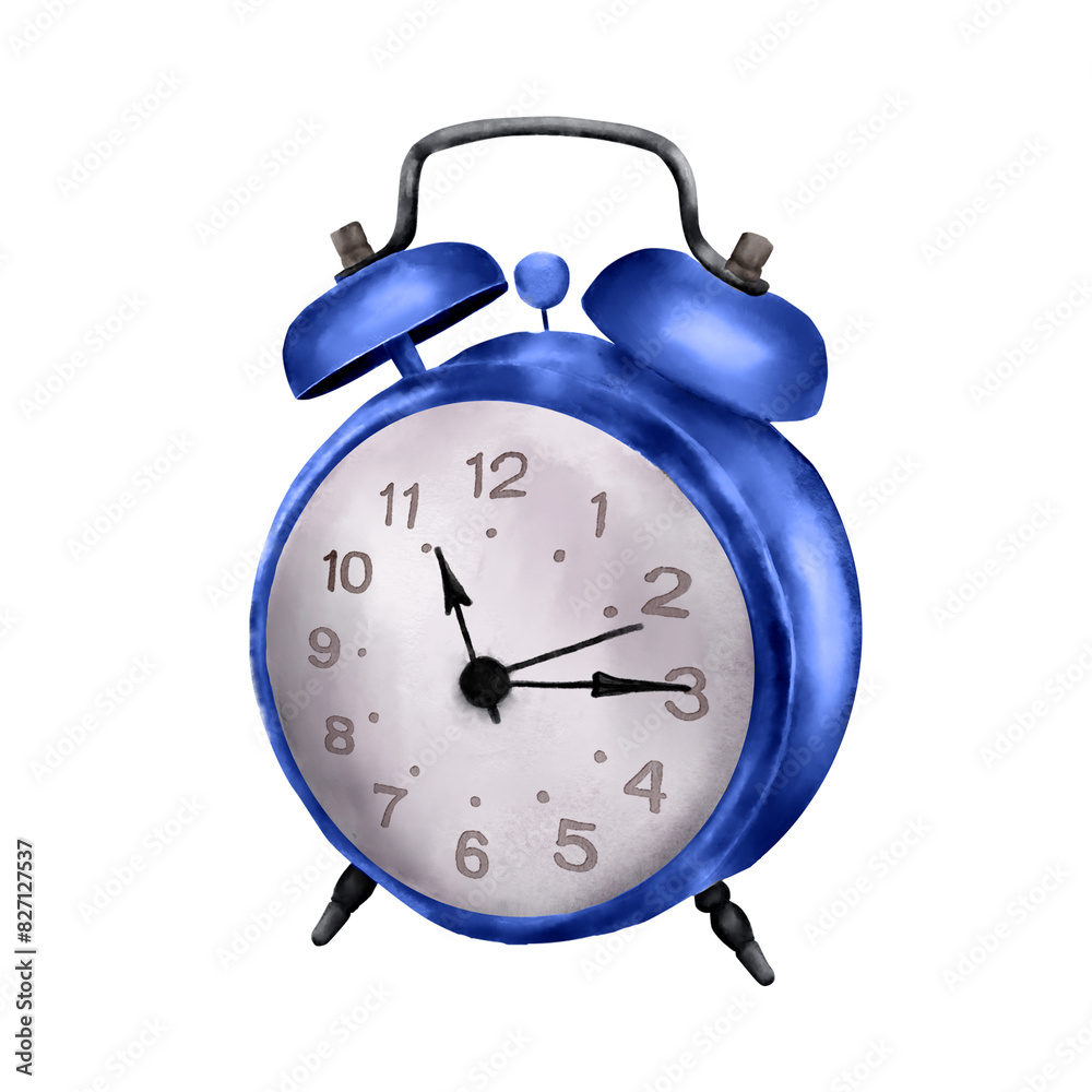 Antique alarm clock on a white background. The school alarm clock. Hand-drawn in Photoshop, imitation of watercolor. Suitable for postcards, invitations, home decor, packaging and business cards. Antique alarm clock on a white background. The school alarm clock. Hand-drawn in Photoshop, imitation of watercolor. Suitable for postcards, invitations, home decor, packaging and business cards.