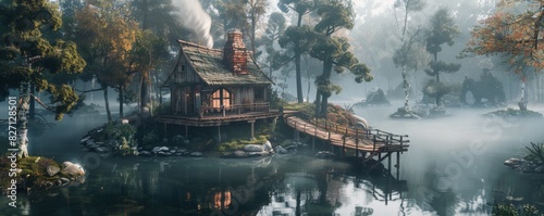 A magical forest, with floating islands connected by rickety wooden bridges, a cozy cottage sits on one of the islands with smoke curling from the chimney, in photorealistic CG 3D photo