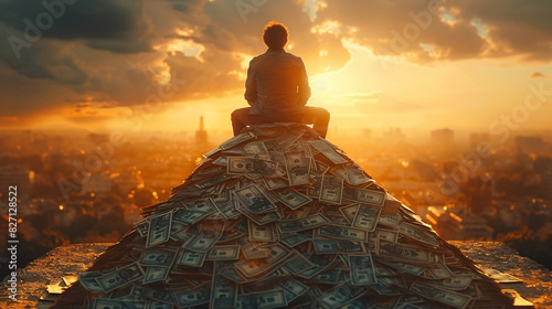 A man sitting on a large pile of money at sunset, overlooking a cityscape, symbolizing wealth and success