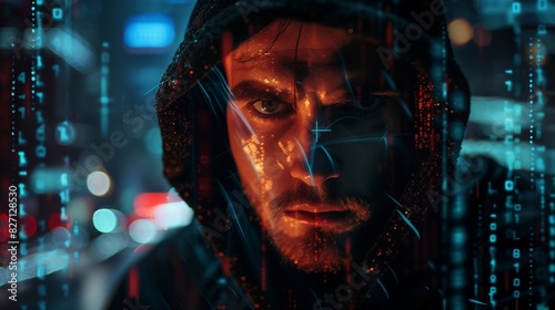 A hooded hacker intensely analyzing data with a digital interface overlay in a neon-lit urban environment at night. © areef
