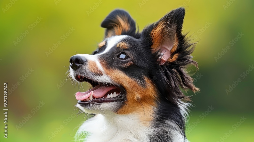  A tight shot of a dog's face, tongue out and mouth wide open, set against a softly blurred backdrop of grass and trees