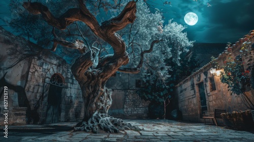 Ancient gnarled tree standing alone in the center of a medieval stone courtyard with a subtle metallic sheen, ai generated © Seussi