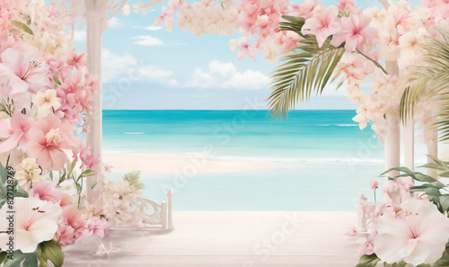 Escape to a dreamy oasis with a background that combines soft pastel tones, delicate tropical blooms, and a serene beach setting photo