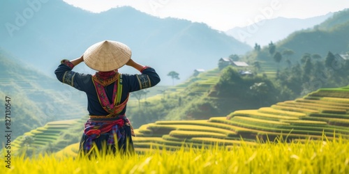 asian female farmer at rice field mu cang chai, vietnam photo
