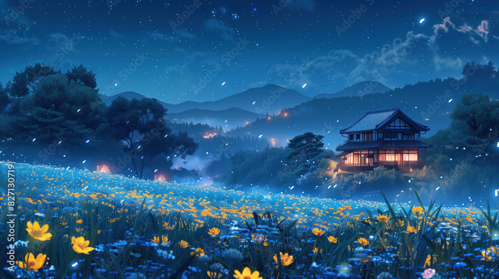 Anime style traditional Japanese house in the wilderness surrounded with flower field at night Anime style traditional Japanese house in the wilderness surrounded with flower field at night