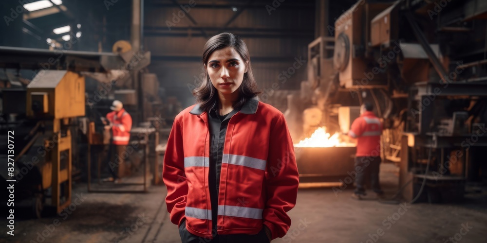 female hispanic engineer standing in factory workshop