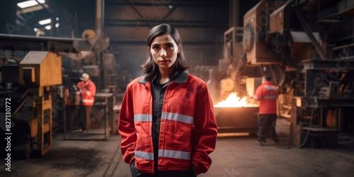 female hispanic engineer standing in factory workshop