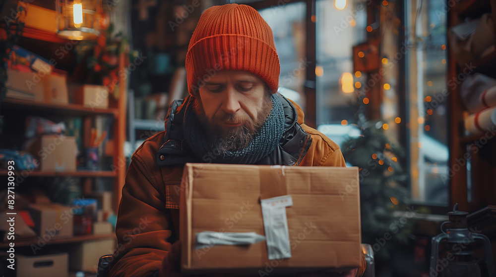 man wearing an orange beanie and scarf is holding up a small box he had just prepared to ship out of his online store man wearing an orange beanie and scarf is holding up a small box he had just prepared to ship out of his online store